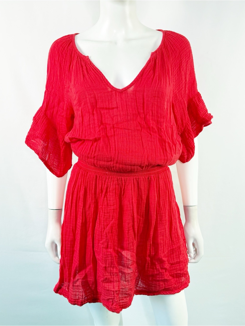 Michael Stars Red Gauze Cotton Mini Dress Size XS Colorful Blouson Summer Beach